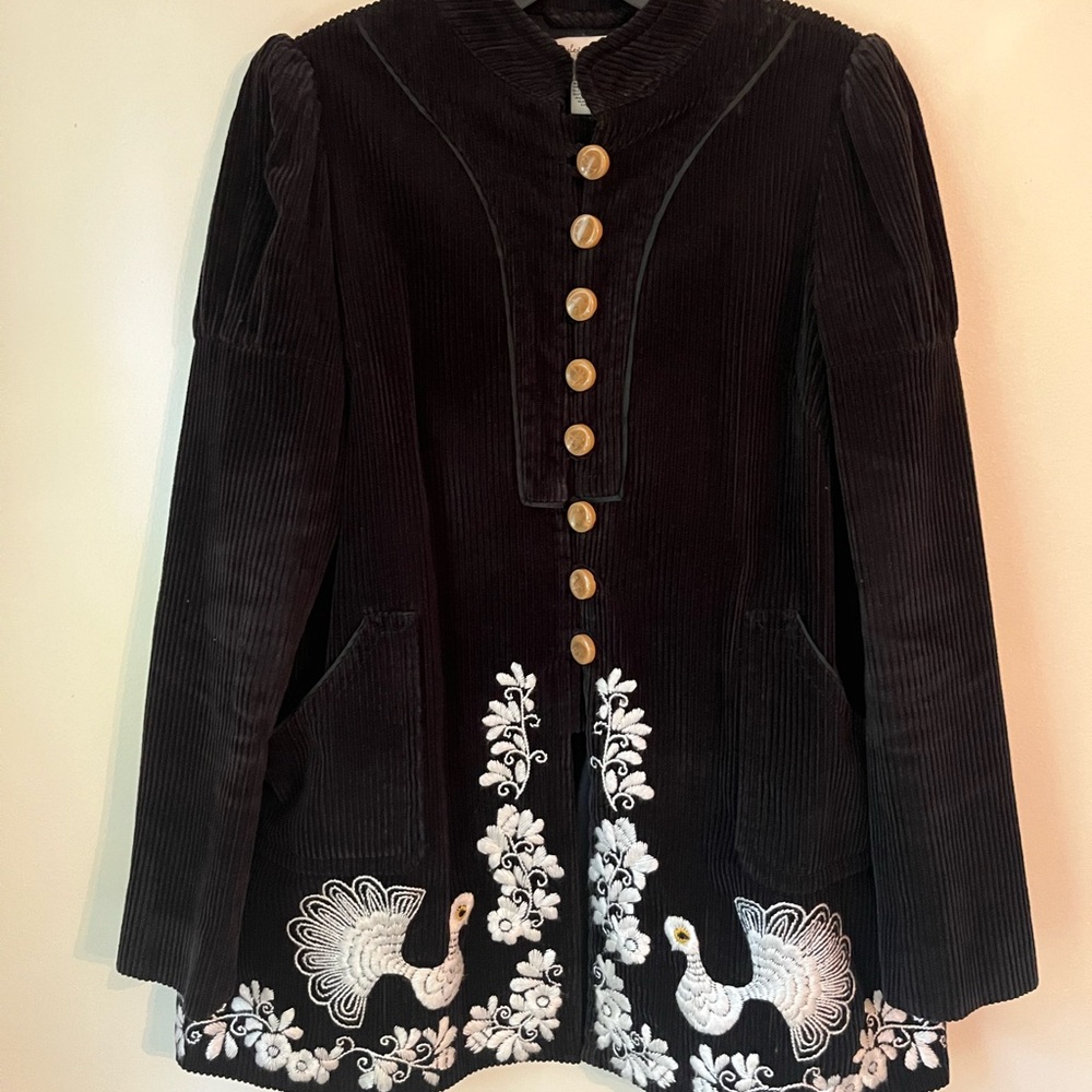 Elevenses Black Corduroy Jacket with White Peacock & Flowers Embroidery